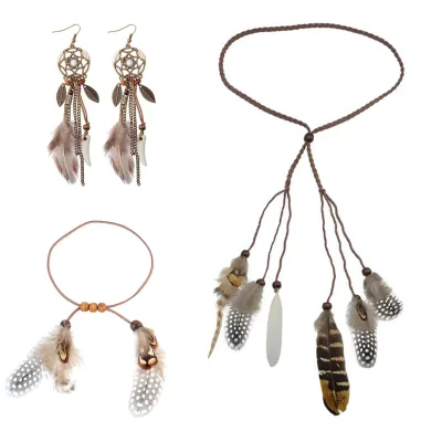 Bohemian Feather Earrings Hairband Armlet Set Hip Hop Jewelry Set Unisex