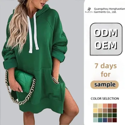 ODM Custom Women's Long Sleeve Split Hem Hoodie Dress Winter Hooded Sweatshirts with Kangaroo Pocket