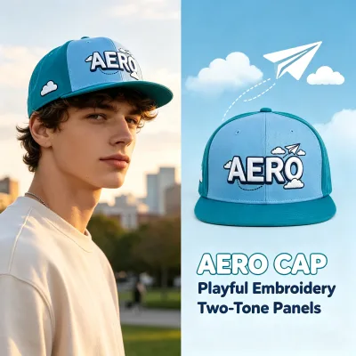 6 Panle Two-Tone Blue AERO Cloud Paper Plane 3D Embroidery Flat Brim Snapback Cap for Teenagers Outdoor