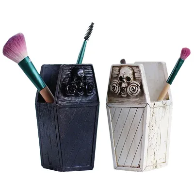 Desktop Flower Pot Resin Head Skeleton Stationery Pen Organizer Cup Black Skull Brush Makeup Skull Casket Coffin Pen Holder