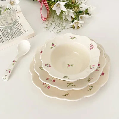 Vintage Pastoral Style Dinnerware Salad Dessert  Ceramic Plate with Small pink Flowers, Scalloped Edge, Smooth Glossy Glaze