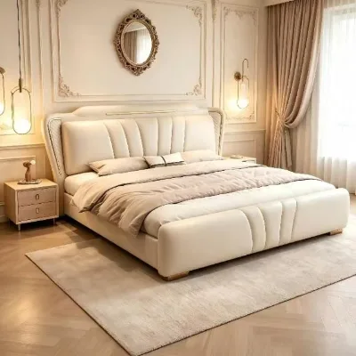 Wear Resistant Leather Bed with Full Soft Package and Stain Wipe Clean Surface for Daily Bedroom Use