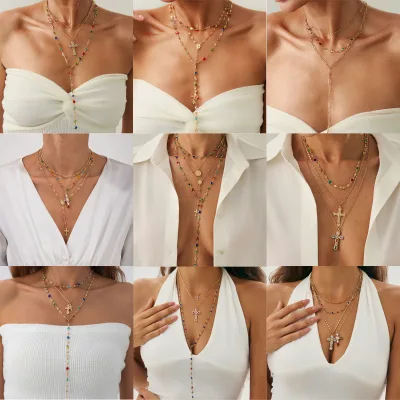 European American Style Women's Double-Layer Cross Pendant Clavicle Chain Necklace Creative Colorful Y-Shaped Fashion Choker