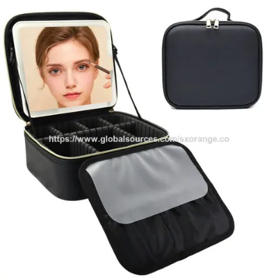 Travel Makeup Bag With LED Mirror,Cosmetic Train Case Portable Makeup Artist Organizer Bag with Adjustable Dividers Brush Holder