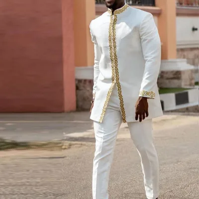 2025 Men's Suit Long Sleeve Stand Collar Tops 2-Piece Set Suits African Ethnic Traditional Men's Long Pants Casual Set Suits