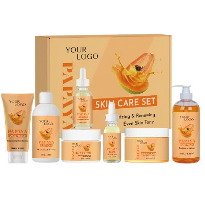New OEM Logo Papaya Skincare Set Face Wash Cleanser Cream Lotion Moisturizer Exfoliating Scrub Brightening Facial Serum