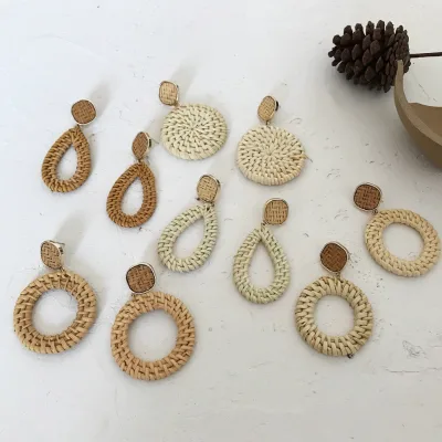 Retro Ethnic Weave Straw Wood Earrings Oval Knit Rattan Earring Bohemian Style Jewelry