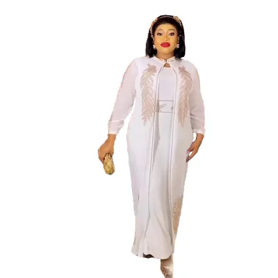 African Luxury Two Piece Sets Front and Back Long Sleeve Dress Rhinestone ChiffonSets