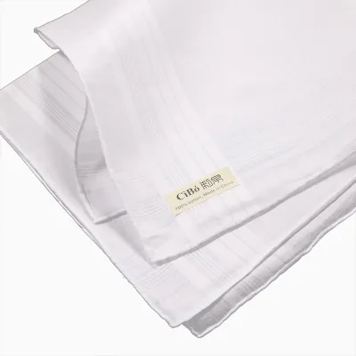 M001: White Men's Cotton Satin Banded Handkerchief With Hand-rolled Edge Size 17"x 17"