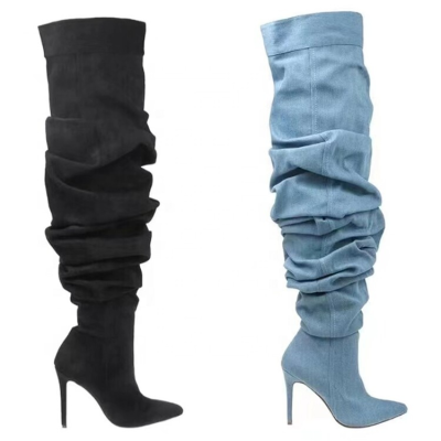 A Winter Autumn Women's Shoes Fashion Wrinkle Denim Women Winter Boots Leather High Heel Shoes Pointed Toe Thigh High Boots