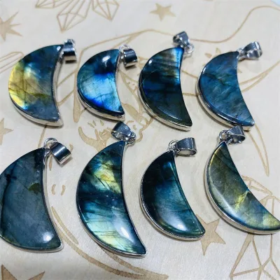 Nice energy gemstone real stone pendant necklace jewelry polished moon shaped natural labradorite pendant necklace