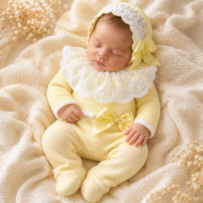 Kaiyue Custom Cotton Baby Romper Knitted Newborn Infant Girl Christening Baptism Outfit Lace Bonnet Pearl Bow Formal Cute Set