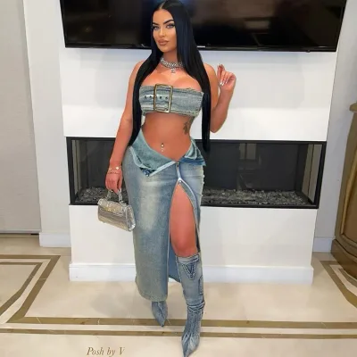 Women's New Fashion Sexy Adjustable Vest High Waist Zipper Denim Skirt Two Piece Set Women Clothing