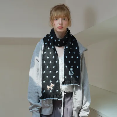 Howhot Korean Designer Long Printed Geometric Jacquard Knitted Eco-Friendly Women's Winter Girly Lace Scarf Daily Use