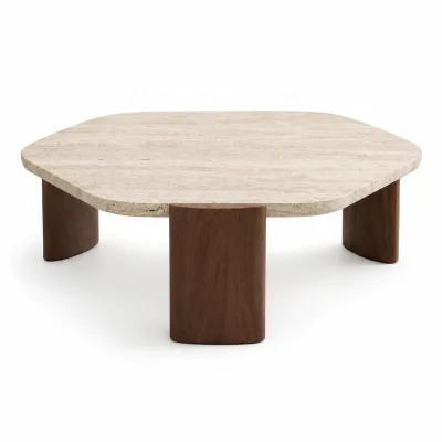 Nordic Style Travertine Coffee Table Wabi Sabi Luxury Ash Wood Stone Top Center Table for Living Room