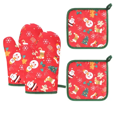 Low MOQ Festival Series Cotton Microwave Mitts and Pot Mats Oven Christmas Style Oven Mitts Set