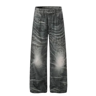 Mens Hand Rubbed Jeans Wide Leg Denim Pants Whisker High Contrast Acid Wash Loose Custom Made