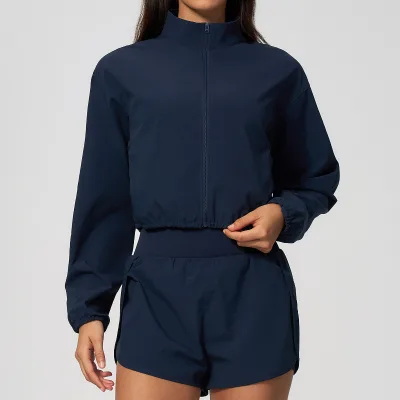 Custom Logo Women Stand Collar Cropped Zip Jacket Sun Protection Lightweight Polyester Outdoor Running Fitness Sport Outerwear
