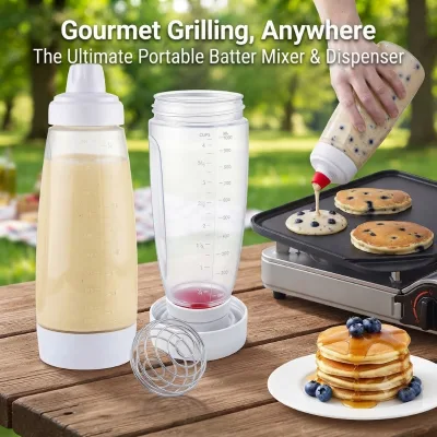 Portable Pancake Batter Dispenser Bottle Reusable Shake and Pour Mixer for Camping Breakfast Outdoor Cooking Baking Accessories