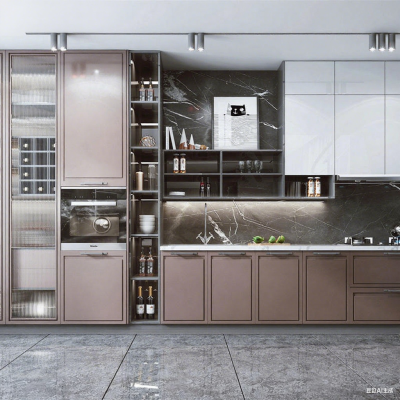 Modern Kitchen with Built - in Wine Cabinet: Neutral Tones & Integrated Appliances