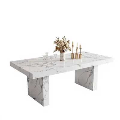 Modern Marble Dining Table 79 Inch Rectangular 6-8 White Faux Marble Top Pedestal Base Easy Assembly Kitchen Dining Room