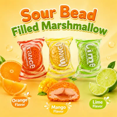 Retail Ready Sour Bead Filled Marshmallow Candy Individual Sachet Display Box E-commerce Snack Wholesale