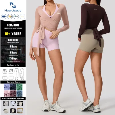 Women's Long Sleeve Wrap Yoga Top Four-Way Stretch Breathable Lightweight V-neck Self-Tie Waist Workout Pilates Front