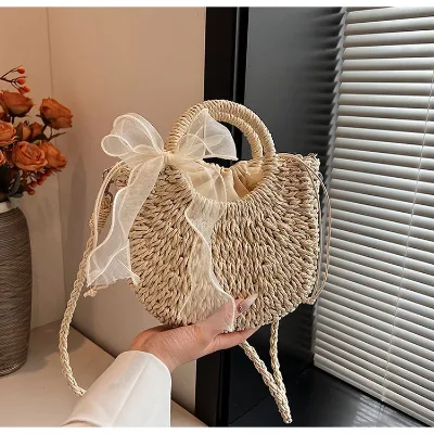 Fashion Paper Rope Straw Bag Crossbody Shoulder Beach Bag Cotton Lining Semi-Circular Lace Design