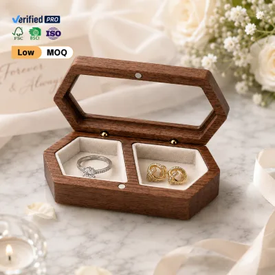 Wholesale Custom Logo Hexagonal Wooden Ring Box Handcrafted Walnut 2-Slot Jewelry Organizer for Boutique Shop