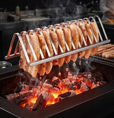 Hot Sale Stainless Steel Barbecue Grill Can Drain Oil Vertical Bone-in Roasting Rack for Outdoor Camping