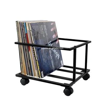 12inch Metal Record Shelf Disc Bracket Self-Assembly Screwing 12'' Vinyl Metal Record Storage Case with 4 Rotatable Wheels