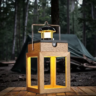 Factory Designed Outdoor and Indoor Wooden Camping Lantern with Motion Sensor LED Polish Finish Solar Powered for Garden Use