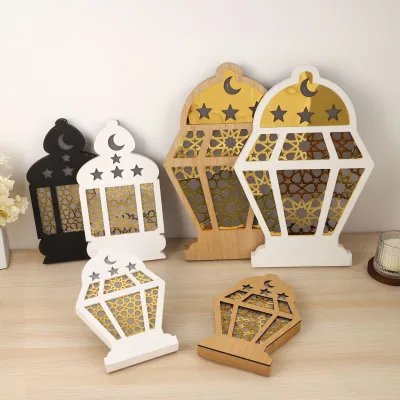 Wooden Ramadan Flat Lantern Lights Eid Mubarak Table Light Lamps Muslim Led Light for Islamic Festival Gift Ramadan Decoration