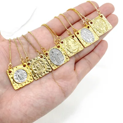 Gold Plated Square Shape Faith Jesus Charms Necklace Virgin Mary Brass Pendants Necklace