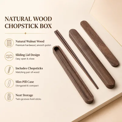 Reusable Wooden Chopsticks Walnut Wood Box Portable Chopstick Case Slide Lid Home Office Outdoor Tableware Gift Set