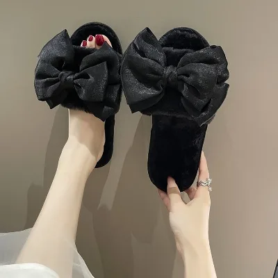 Women's New Autumn 2026 Fuzzy House Slippers Flat Plush Bow-Adorned Open-Toe Indoor Slippers