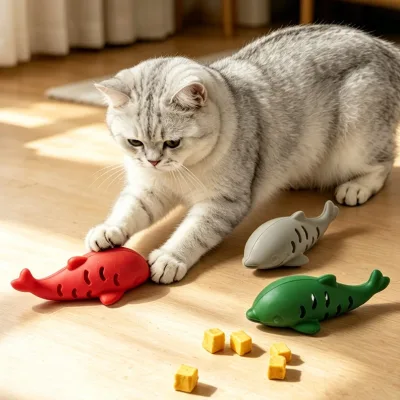 Silicone fish cat toy, durable and chew-resistant, hides treats for slow feeding, dispenses food, self-entertaining
