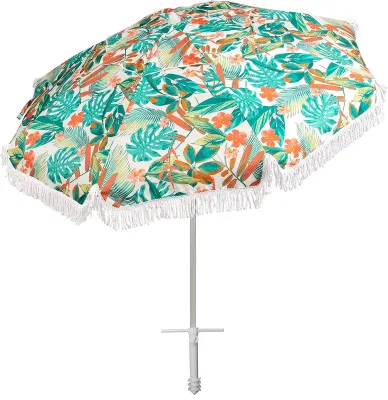 6.5ft Beach Umbrella for Sand with Fringe Foldable Sand Anchor Telescoping Pole Adjustable Height and Air Vent Tilt Umbrella