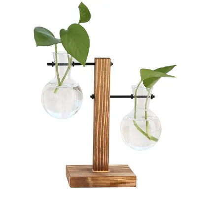 Creative Wooden Frame Hydroponic Vase Green Ivy Glass Vase for Flower Arrangement Desktop Decorative Home Accessory