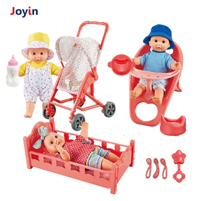 11PCS 12-Inch Body Molded Dolls Set W/ Stroller, High Chair, Bed, Utensils Complete Toy Ensemble for Girls Playtime Delight