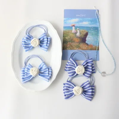 Women Trendy Handmade Bowknot Headpiece Elastic Blue Stripe Bow Hair Tie with Rose