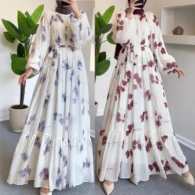 High Quality Women's Fashionable and Elegant Vacation Middle Eastern Round Neck Chiffon Flower with Belt Long Dress