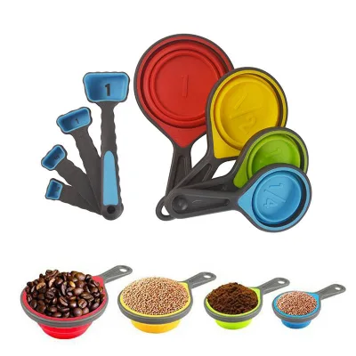 Cathylin 8pcs 250ml Colorful Scale Foldable & Collapsible Silicone Measuring Spoon and Cup Set for Home Kitchen Baking