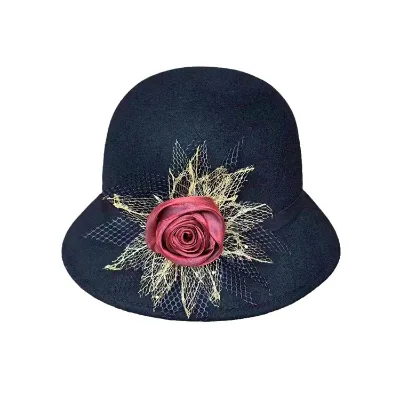 2024 New Arrival British Vintage Wool Felt Church Hat With Flower
