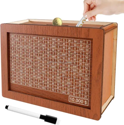 Wooden Money Box Money Bank Money Saving Box with 10000 Dollars Target