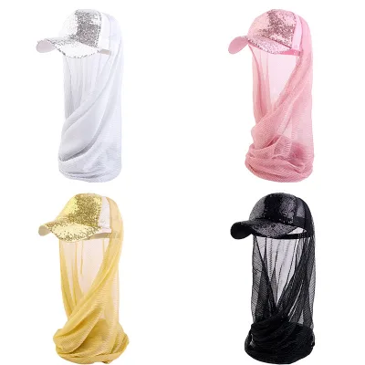 Wholesale Custom Logo Hair Accessories Summer Caps With Cloak Sequin Visor Muslim Baseball Cap With Mesh Scarf for Women
