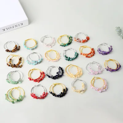 Handmade Crystal Jewelry Natural Healing Gemstone Chips Wrapped Crystal Round Earrings for Decoration