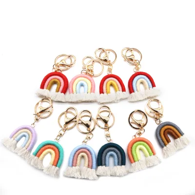 8 Rainbow Key Chains Macrame Weaving Rainbow Tassel Boho Key Chain Key Rings for Women Bag Wallet Purse Charm Decoration Pendant