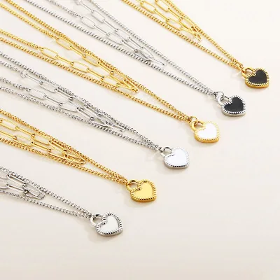 New Fashion Stainless Silver Necklaces Personalised Gold Heart Double Layer Unique Peach Heart Women Necklace