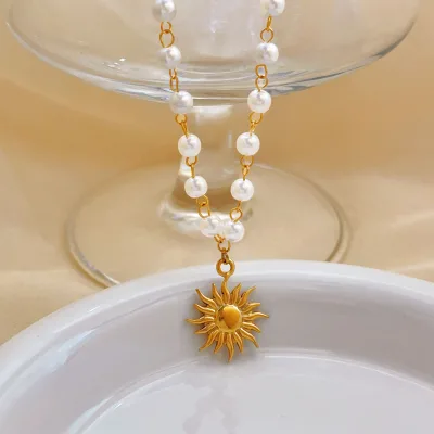Stainless Steel Sunflower Pearl Pendant Necklace with Gold-Color Plating Women's Clavicle Chain European American Style